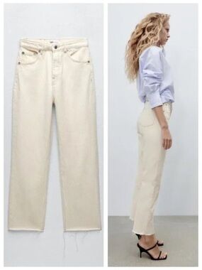 Zara Ecru Cream High Rise Straight Raw Hem Cut Off Jeans